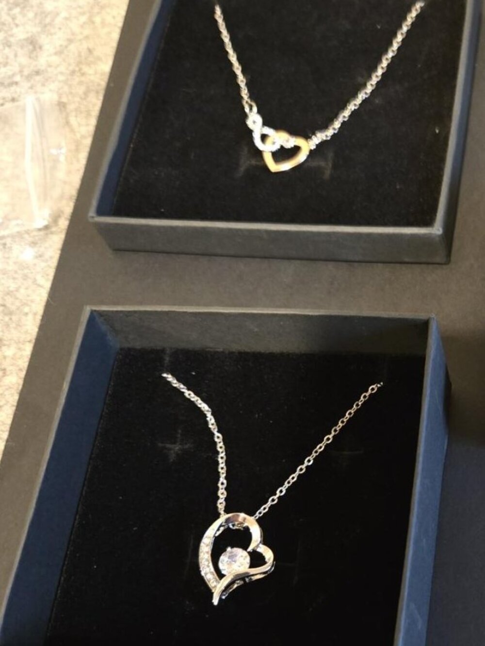 2 Heart Pendant Necklace Silver Tone and Silver Tone with Gold Tone